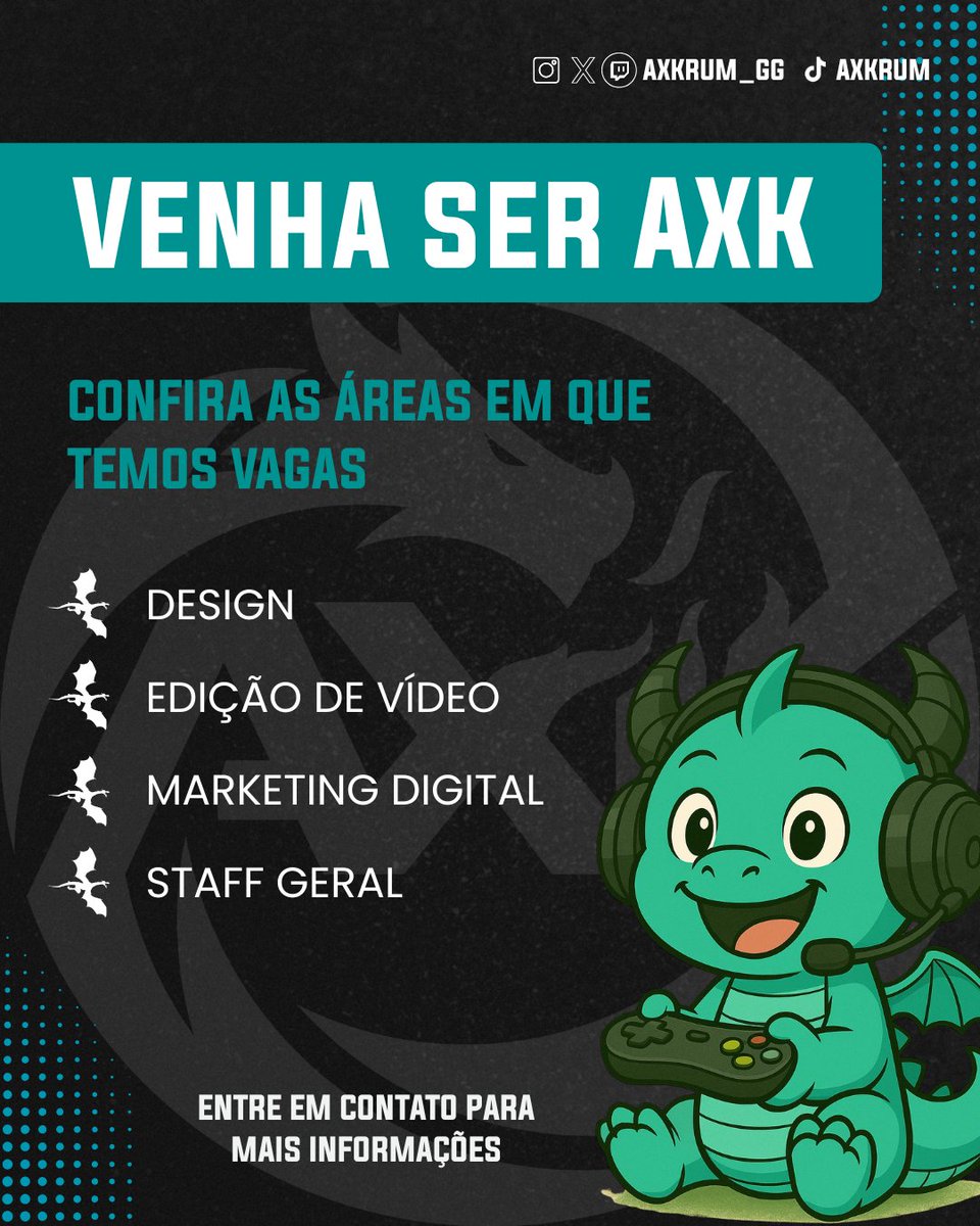 VAGAS ABERTAS - STAFF AXK 🚀

A AXK está expandindo seus bastidores e procurando pessoas que queiram construir, crescer e fazer parte de algo maior.

Estamos com vagas abertas para:
 • Staff geral
 • Designers
 • Editores de vídeo
 • Marketing digital

Se você tem vontade de