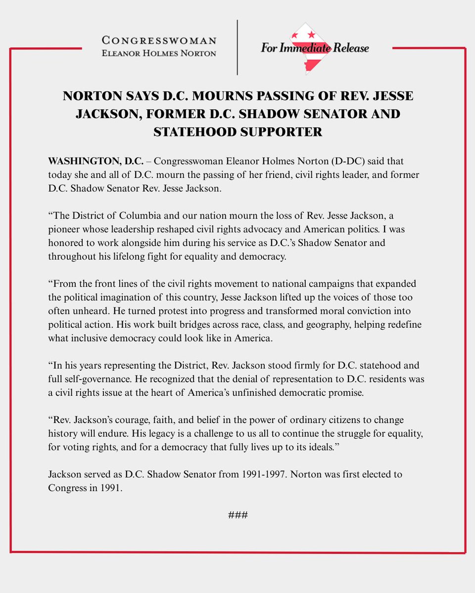 DC mourns the passing of former DC Shadow Senator Rev. Jesse Jackson, a tireless fighter for civil rights and #DCStatehood.
 
Rev. Jackson believed in the power of ordinary people to bend history towards justice. His legacy challenges us to continue the work.