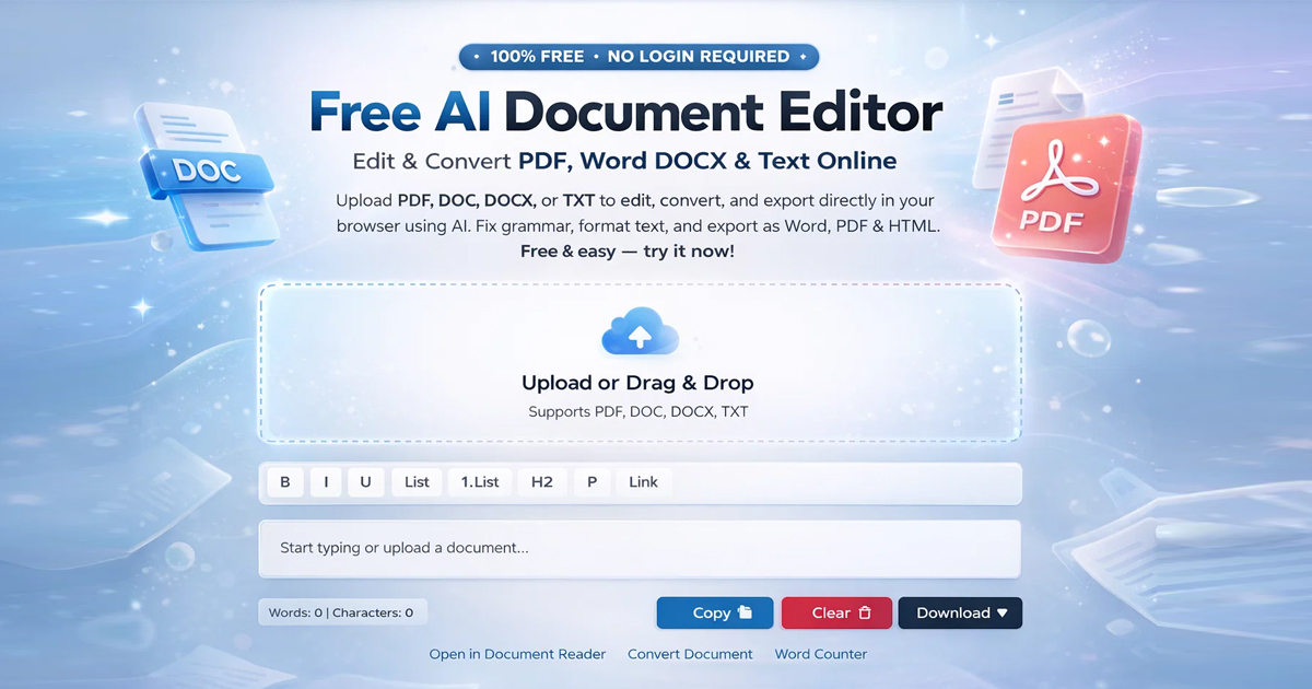 freedocmaker's tweet photo. Modern document editing is AI-powered now.
Edit &amp; convert PDF, DOCX, and TXT directly in your browser.
No login. No watermark. No installs.

Free AI Document Editor by Free Document Maker 👇
 https://t.co/qAEqYxuVLq
#AIDocumentEditor #PDFEditor #AIProductivity  #DocumentTools https://t.co/Fz4d97qOsr