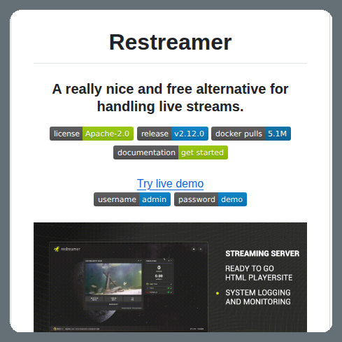 tom_doerr's tweet photo. Self-hosting solution to stream live to multiple platforms

https://t.co/ldb7cKOlN2 https://t.co/7FQN4lkrxY