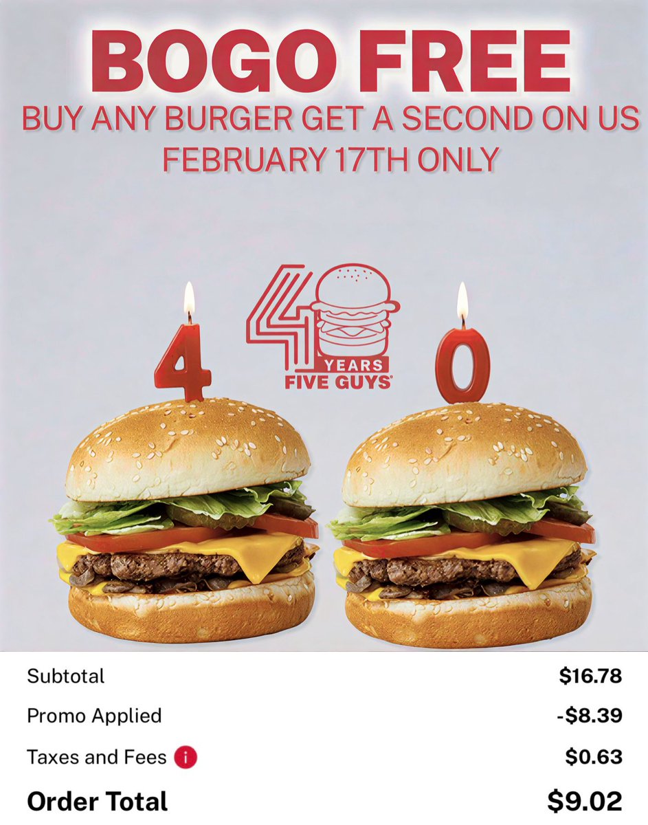 FREE FIVE GUYS BURGER TODAY ONLY They are running a BOGO promo for ...