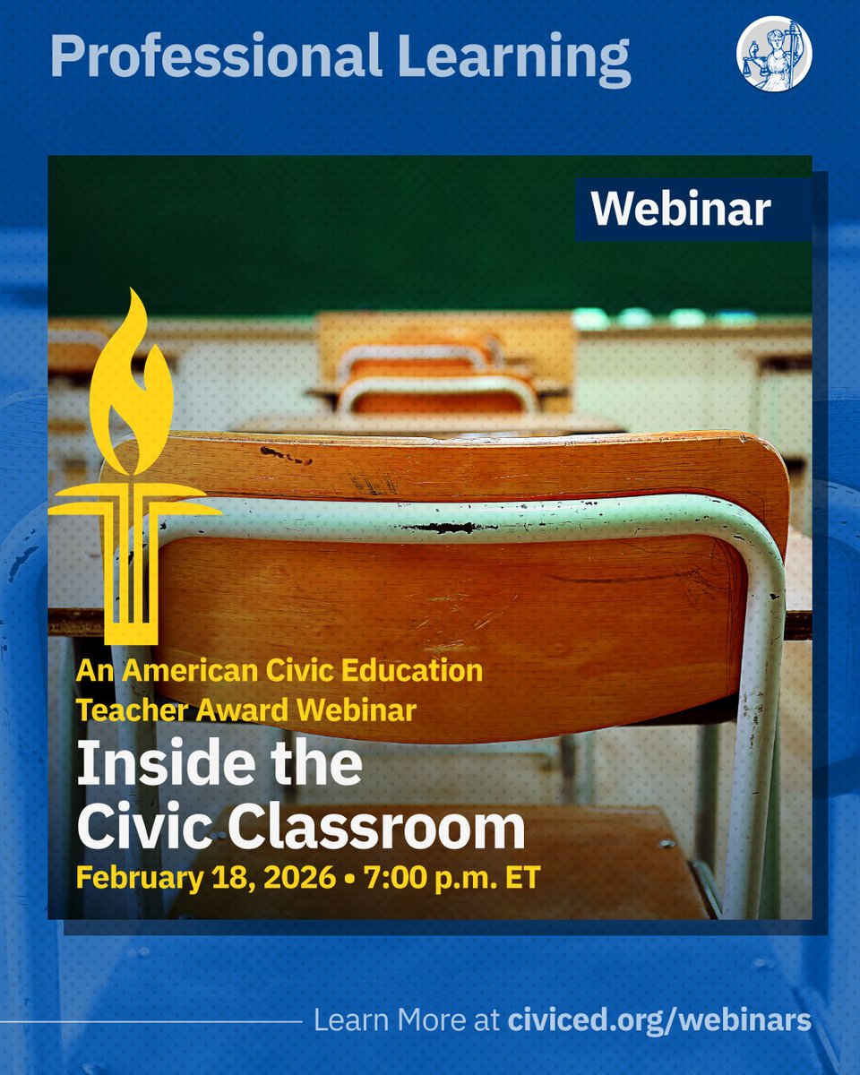You can measure the future of democracy by what happens inside civic classrooms. 

Tomorrow, those classrooms open to you.

Join the winners of the American Civic Education Teacher Awards as they share lessons, strategies, &amp; real classroom practices.

civiced.org/professional-d…