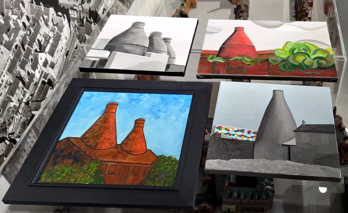BramptonMuseum's tweet photo. New arrivals in the museum shop - 4 beautiful #bottleoven artworks by Terry Woolliscroft - clockwise from top left 'Bottle Oven Ghosts, Meakins', £95, 'Top Bridge Works', £110, 'The Smithfields', £95 and 'Falcon Works',  £135.
#bottlekilns #paintings #staffordshire #stokeontrent https://t.co/0T1qvBRRFw
