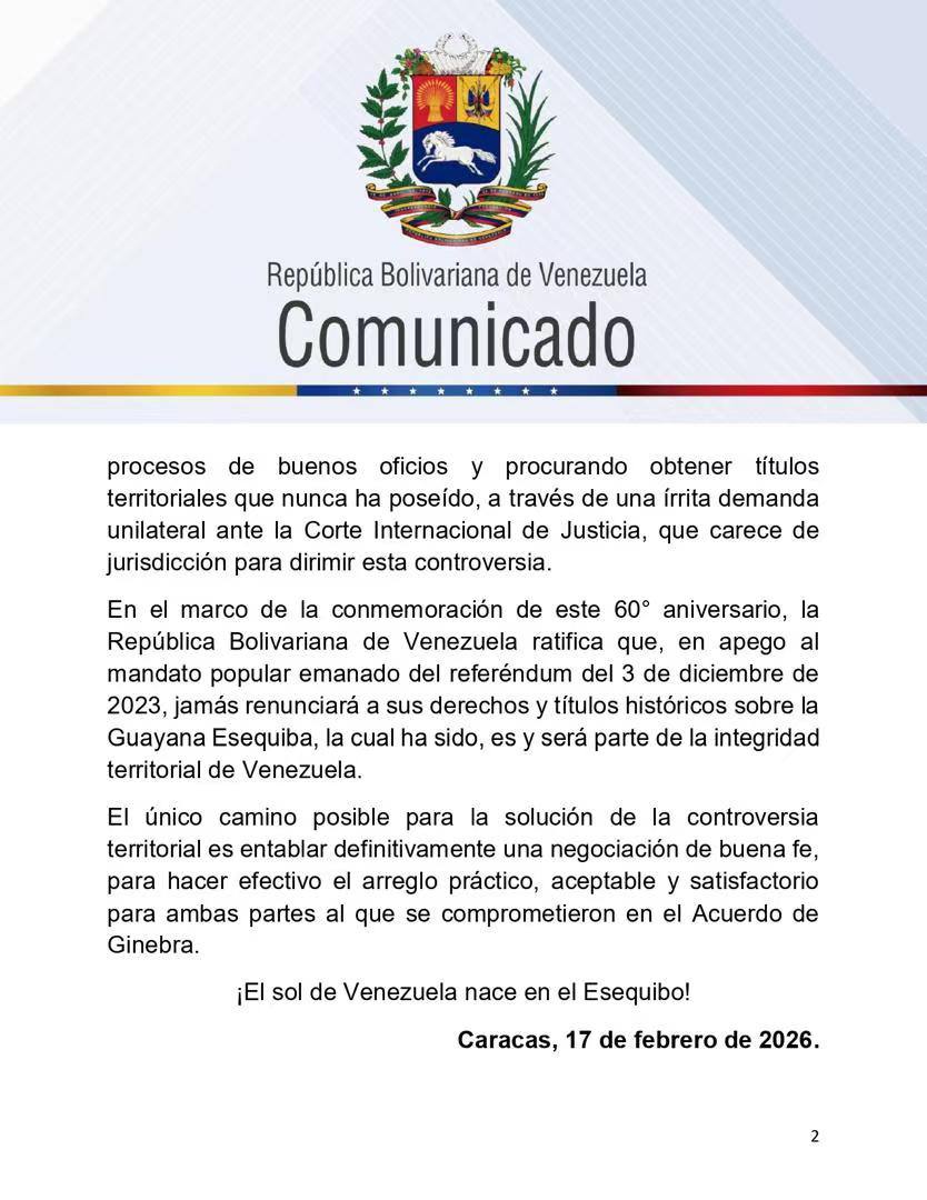 Madermir's tweet photo. @delcyrodriguezv Celebramos hoy, con regocijo y fervor patriótico, el 60° aniversario de la firma del Acuerdo de Ginebra de 1966, único instrumento jurídico válido para alcanzar una solución mutuamente aceptable de la controversia territorial sobre la Guayana Esequiba. https://t.co/KbueOTGyxf