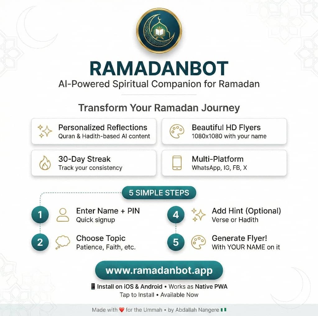 Introducing my new RAMADANBOT, a web app designed to ease the experience of Muslims during Ramadan. Please repost to help it reach a wider Muslim community.

Transform Your Ramadan with RamadanBot

Complete the Holy Quran in 29 days with our beautifully designed reader—optimized