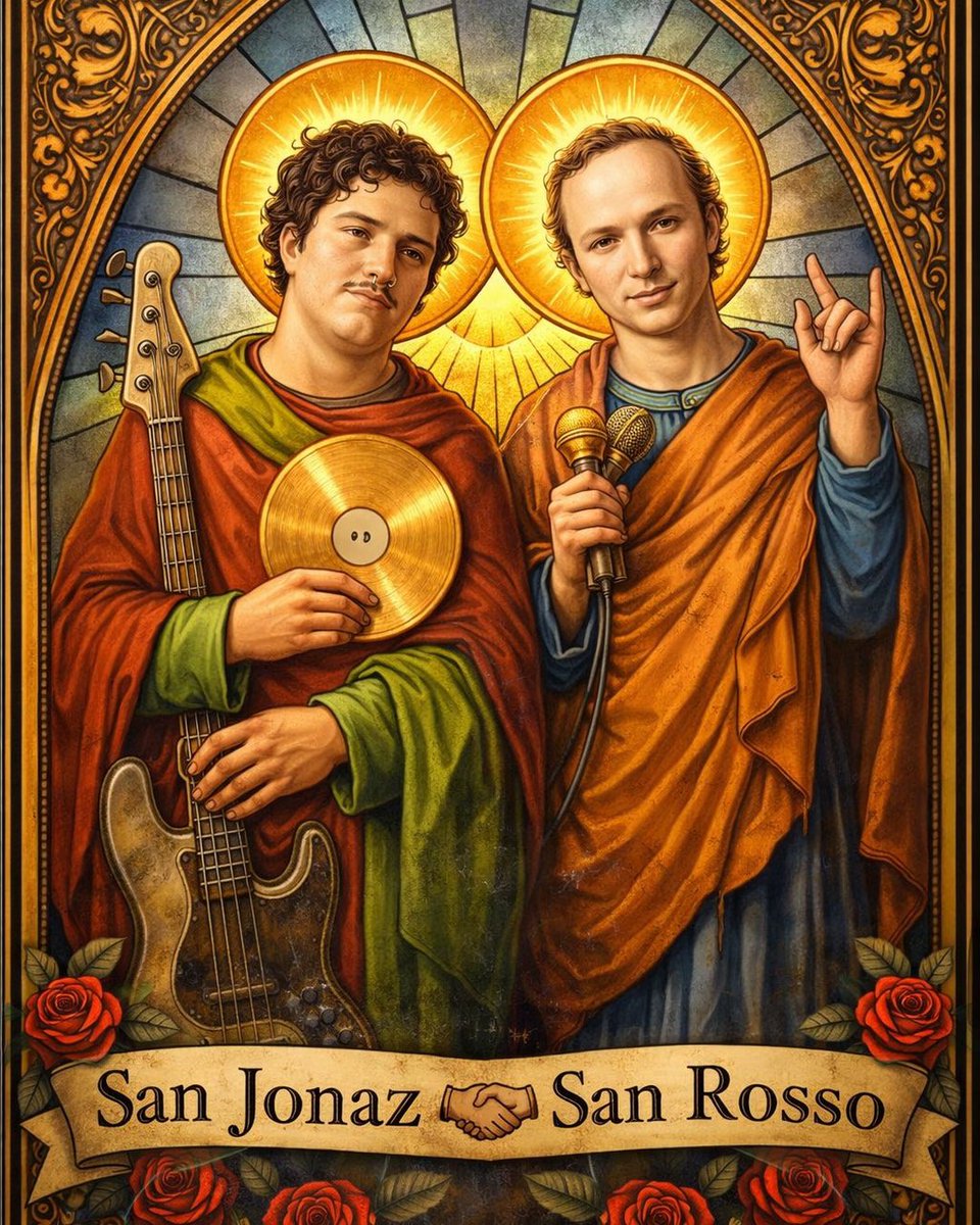 plastilinamosh's tweet photo. 🙏 Oh San Jonaz, patrono del Groove                                        🙏 y San Rosso guardián del Beat elegante                               🔊 concédanos un track nuevo, irreverente y sabrosón,                                                                con bajo funky, sampleo fino y letras que                                    no pidan permiso.                                                                                   Amen, y que caiga el Beat 🙌