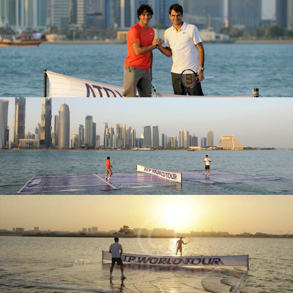 In 2011, Roger Federer and Rafa Nadal played tennis on a floating court in the West Bay of Doha.

Iconic.