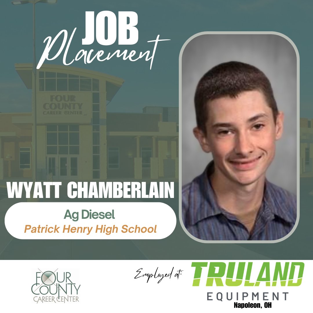Let’s hear it for Wyatt Chamberlain! He is now on Job Placement at Truland Equipment in Napoleon — gaining hands-on experience and putting his skills to work in the field. Way to take that next step, Wyatt! The future is looking strong!