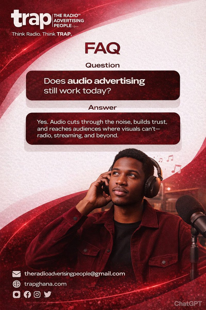 Audio advertising still works. 🎧

It builds trust, reaches real people, and stays memorable.
That’s why brands choose #TRAP.
Let your message be heard.
📩 theradioadvertisingpeople@gmail.com
🌐 trapghana.com

#ThinkRadio #ThinkTRAP #AudioAdvertising