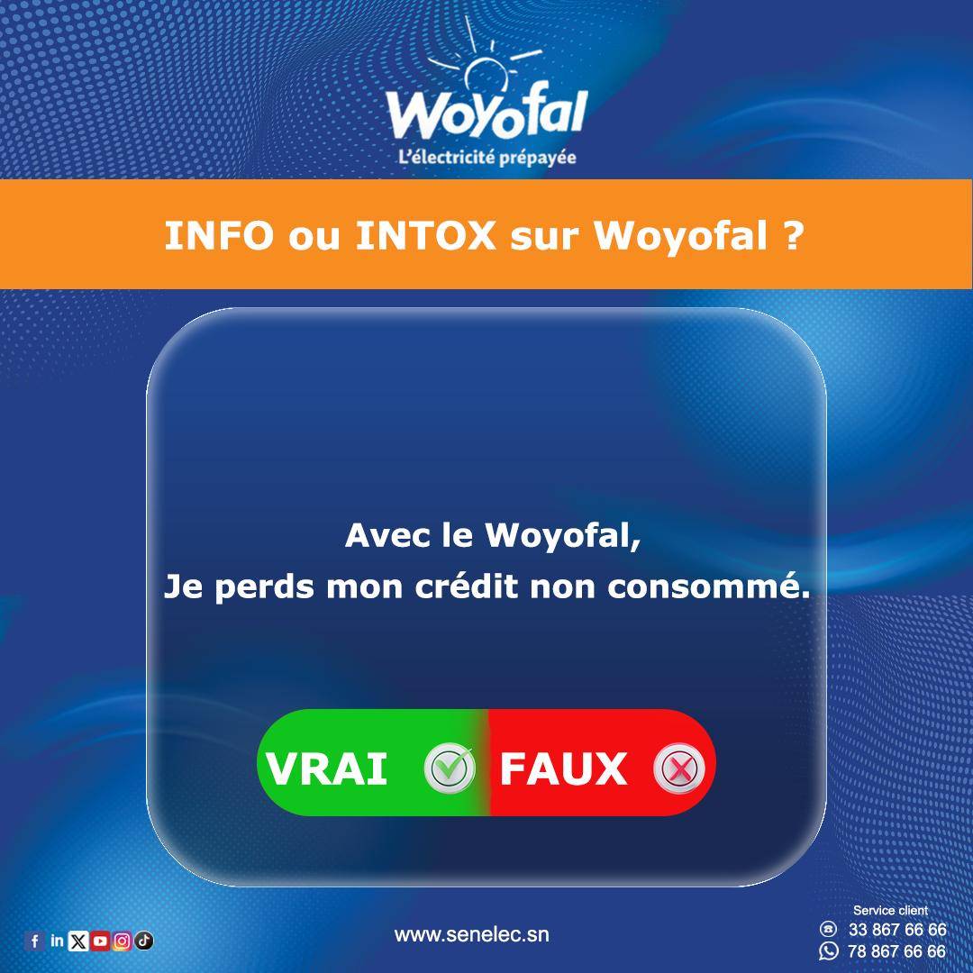Senelecofficiel's tweet photo. Parlons Woyofal ! ⚡️
Info ou Intox sur le crédit non consommé ? 
Écris ta réponse en commentaire 👌. 
​#Woyofal #Senelec https://t.co/aevRDyYS6J