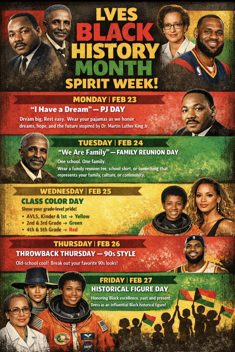 LewisvilleES's tweet photo. ✨ Black History Month Dress-Up Week is Here! ✨
Join us as we celebrate Black History Month with a full week of themed dress-up days from Monday, February 23 – Friday, February 27! 🎉 https://t.co/oqOiyCyCRp