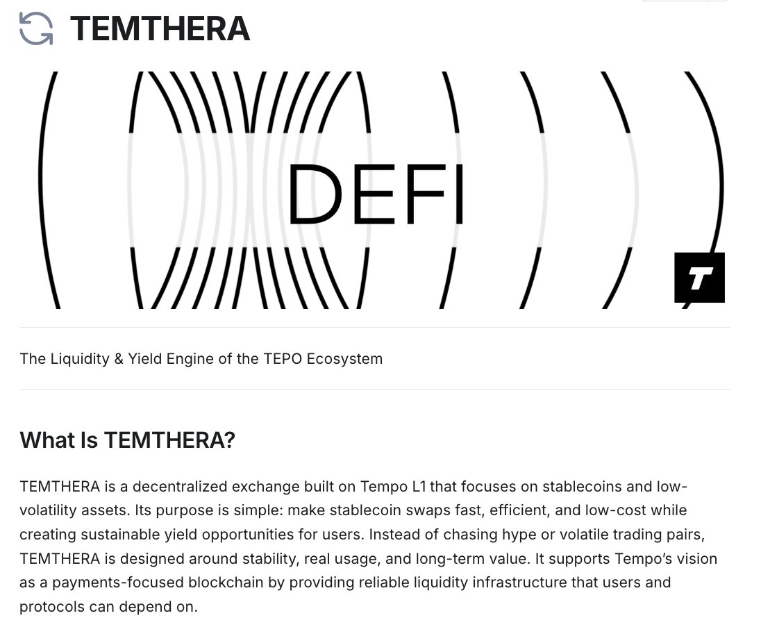 大家新年好🥳，祝各位在新的一年里， 🐎到成功、龙🐎精神、一🐎当先、跃🐎扬鞭、策🐎奔腾、🐎上来财、🐎运亨通！

然后今天聊下 <a href="/Temthera/">Temthera</a> 这个项目, Tempo L1 上专为稳定币打造的原生 DEX，真正把「稳定币支付基础设施」落到了实处！

Temthera 不是又一个追热点的通用 DEX，而是完全围绕 Tempo