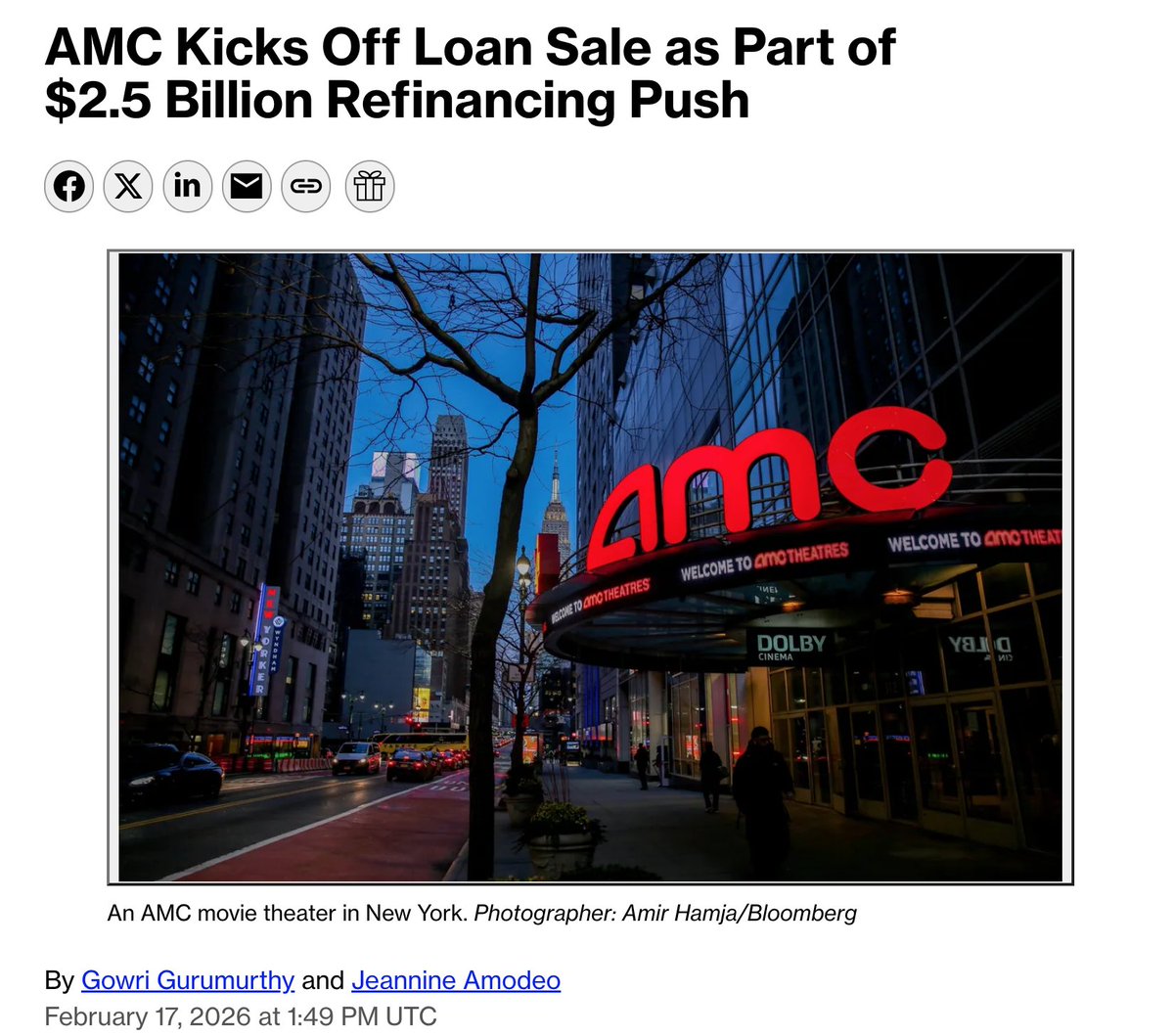 $AMC AMC Kicks Off Loan Sale as Part of $2.5 Billion Refinancing Push 

#AMC Entertainment Holdings Inc. is seeking nearly $2.5 billion from credit investors to refinance existing debt.

The movie theater operator is marketing a $750 million term loan as part of the deal,