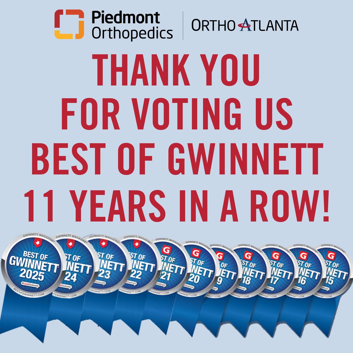 OrthoAtlanta's tweet photo. We are proud to be voted 2025 Best of Gwinnett for the 11th in a row! We are prouder still to serve the greater Gwinnett and Snellville community with expert orthopedic and sports medicine care and rehabilitative physical therapy services. Thanks for your votes! #BestofGwinnett https://t.co/BLqoccV2JT