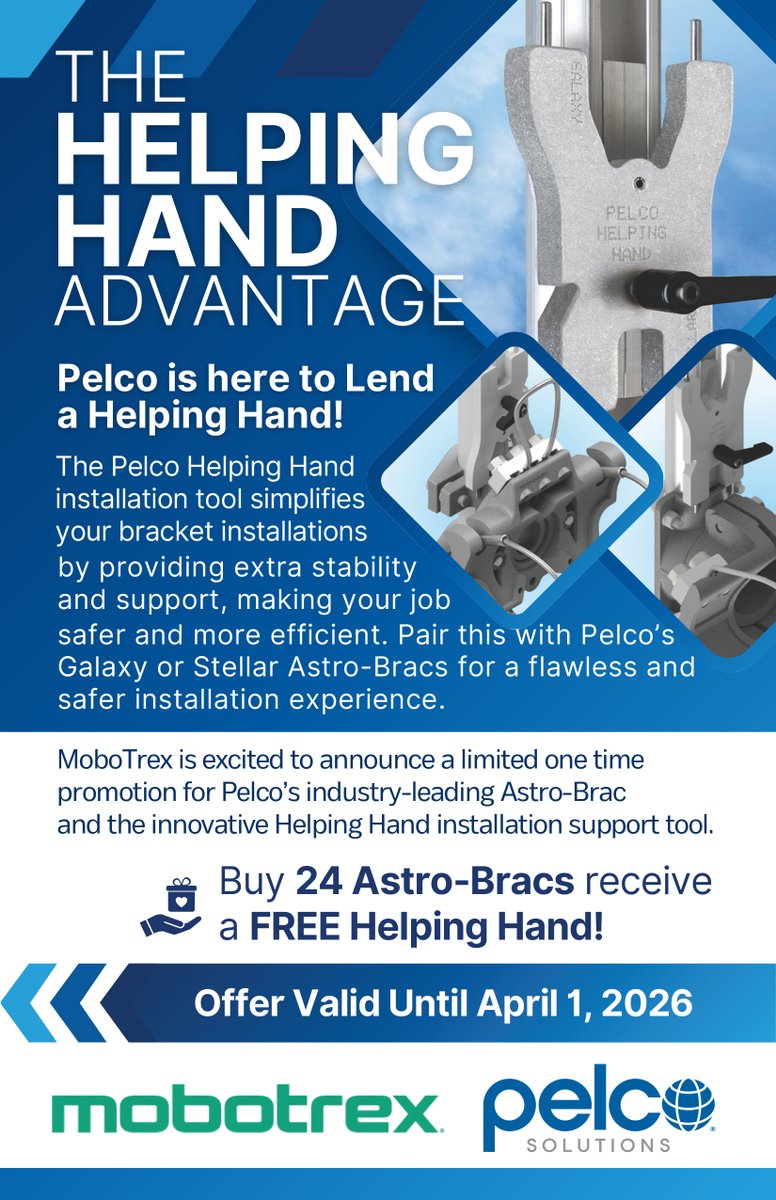 MoboTrex's tweet photo. For a limited time, purchase 24 Pelco Astro-Bracs and receive a FREE Helping Hand installation support tool.

Check out today's Tuesday Traffic Talk to learn more.

🔗 https://t.co/2mjQh31Uj1 https://t.co/iqawXU3LP1
