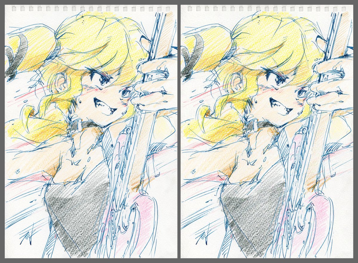 画像生成AIの学習を阻害する(データポイズニング)ソフト「Glaze」を使ってみました。というのも、自分の二次創作が学習されてオリジナルの権利者様に迷惑がかかるのは嫌だなーと。

左が加工前で右が加工後。フラットな塗りだと気になるけど、アナログは紙の質感があるので気にならないですね。 