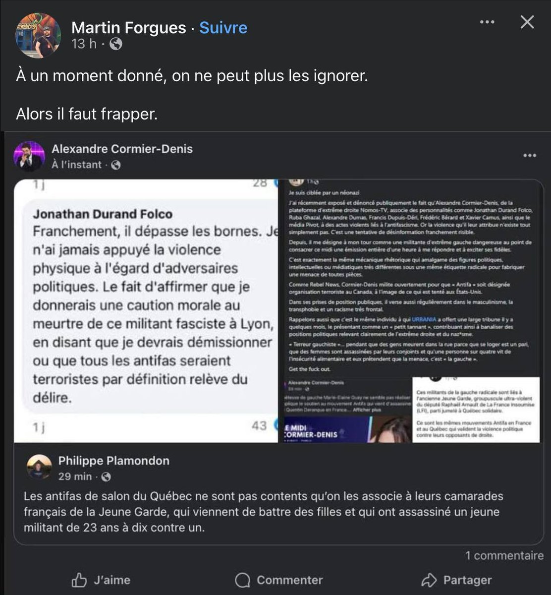 Au lieu de dénoncer le meurtre du jeune Quentin Deranque par leurs amis antifas français et de se remettre en question, la gauche radicale québécoise appelle au contraire à plus de violence physique dans une surenchère fanatique.

Martin Forgues est un ancien militaire canadien