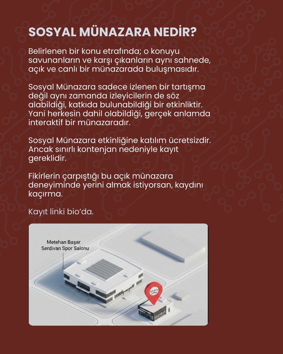 Sosyal Ellidört tarafından düzenlenen "Sosyal Münazara" etkinlikleri başlıyor

🗓️18 Şubat 2026 Çarşamba

🕢19.30

📍Soft Brew Coffee (Serdivan Spor Salonu Yanı) 

Kayıt için: 
docs.google.com/forms/d/e/1FAI…