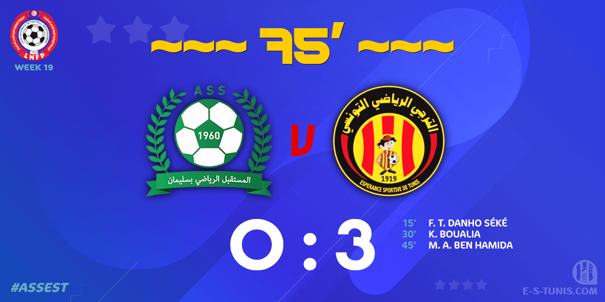 ESTuniscom's tweet photo. ⏱ 77' | #Ligue1Tn🇹🇳 Week 19 #ASSEST | #ASSoliman 0⃣-3⃣ @ESTuniscom : Score reminder / تذكير بالنتيجة / Rappel du score https://t.co/XYlg0BdCNo