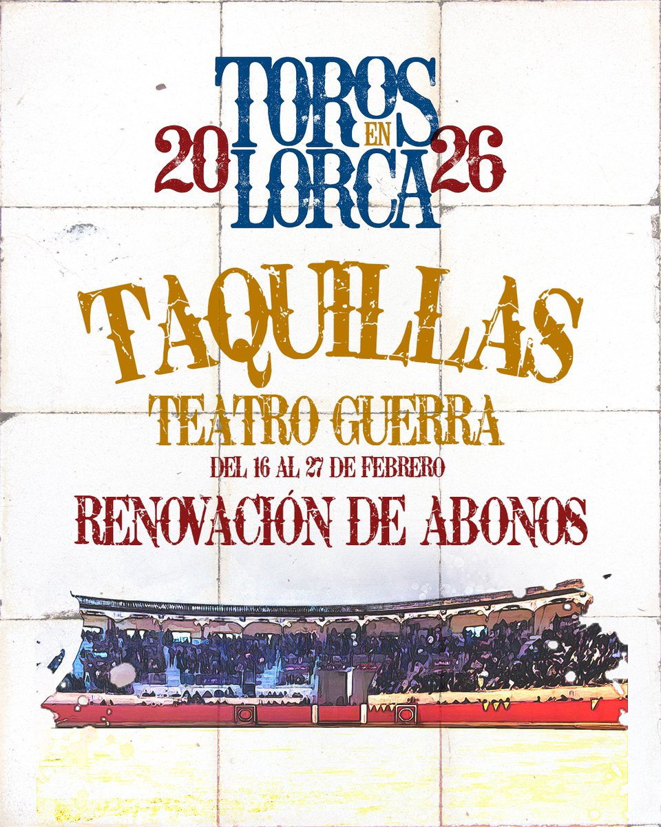 🚨🚨🚨 PLAZOS DE ABONOS

👉🎟️ Renueva tus abonos entre el 16 y el 27 de febrero.

👉🎟️ Venta de nuevos abonos entre el 28 de febrero y el 4 de marzo.

📍 EL ABONO JOVEN EN GRADA DE SOL se puede renovar ya.

#UnLujodeTemporada
#LorcaCulturaTaurina