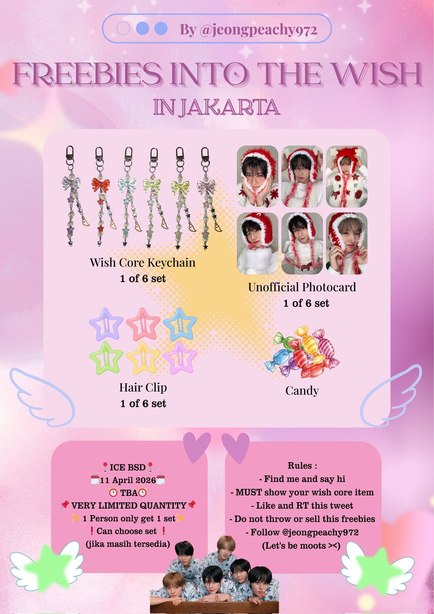 ☆ FREEBIES NCT WISH : INTO THE WISH IN JAKARTA ☆
by <a href="/jeongpeachy972/">Rere🍑🌷 (｡◠‿◠｡)</a>

📍ICE BSD
⏰️ TBA
📌 LIMITED QUANTITY
✨️ 1 Person only get 1 set✨️
❗️ Can choose set (jika set msh lengkap)

Details on pict, See you!!!☆
#NCTWISH #INTOTHEWISH
#NCTWISHinJakarta