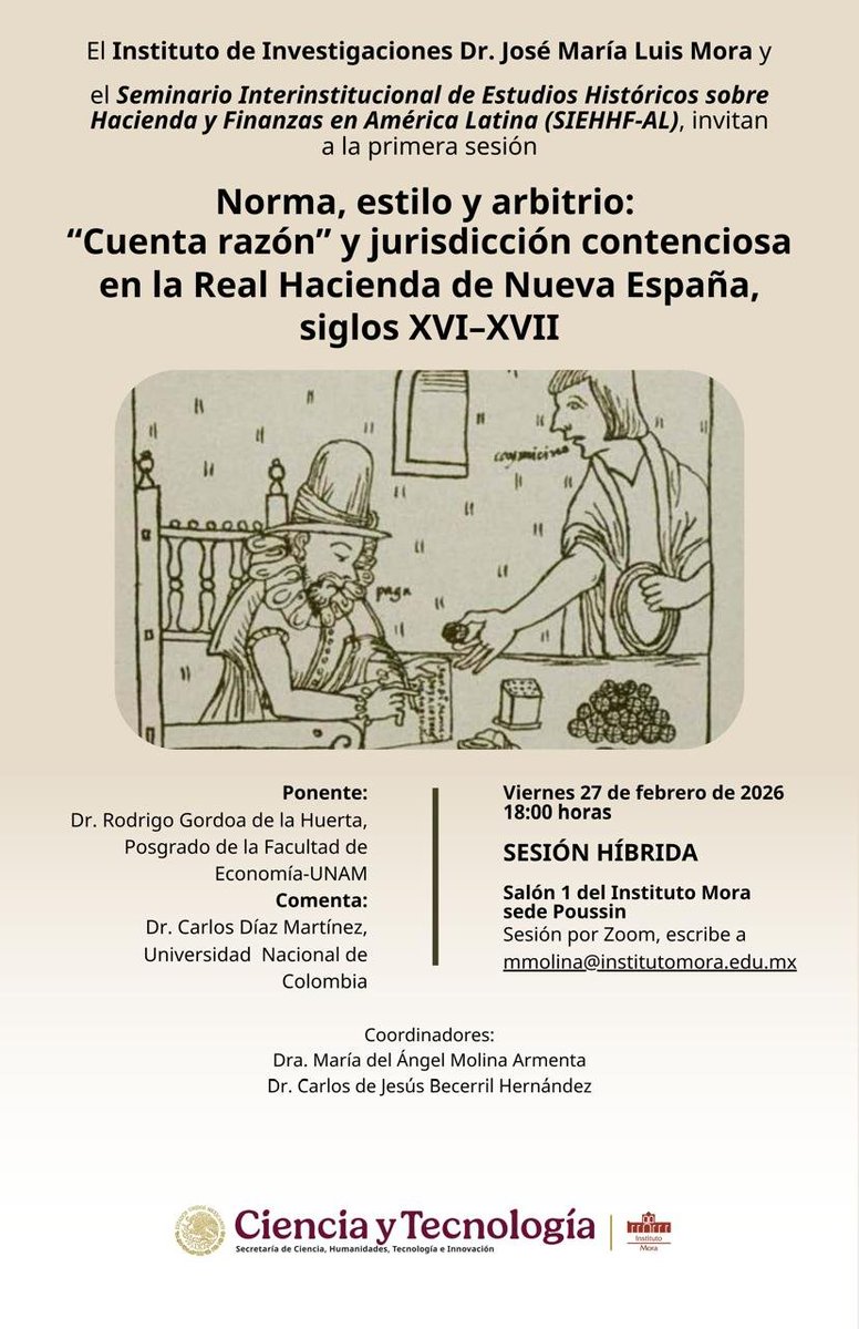 El 27 de febrero nos vemos para conversar sobre historia fiscal. Hablaremos sobre la tesis doctoral de <a href="/ROGdelaH/">Rodrigo Gordoa de la Huerta</a>: mora.repositorioinstitucional.mx/jspui/handle/1…