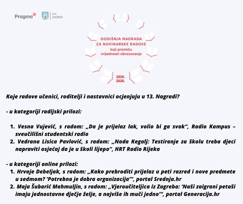 I ove, 13. godine zaredom, pozivamo da nam se pridružite u dodjeli Godišnje nagrade, s temom koja obuhvaća sve učenike - od upisa u osnovnu školu pa do odabira fakulteta i odluke o odabiru profesije/zanimanja: facebook.com/share/1b548qk7…