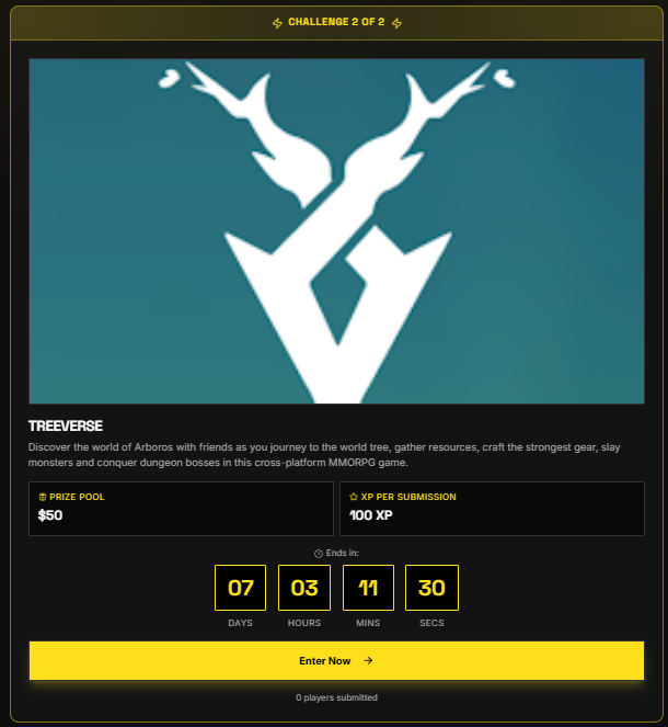 New game challenge: <a href="/TheTreeverse/">Treeverse</a> 

1. Download
2. Play to level 20
3. Submit proof of play
4. Provide feedback
5. Win part of $50 prizepool

Are you ready for adventure?

Today We Game!