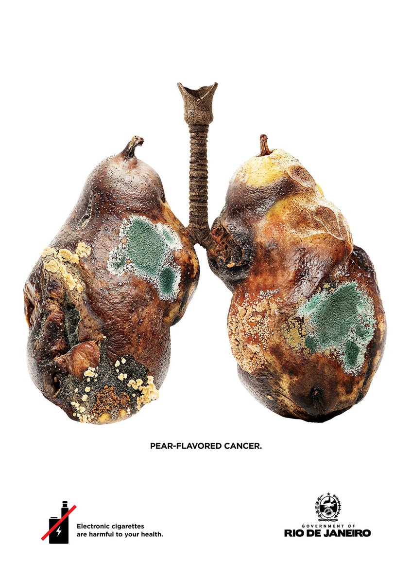 Excellent anti-vape campaign ad by Govt. of Rio De Janiero. 

The creative strategist in me was immediately sucked in by the visual and thought this idea of representing the fruit (flavour) as a decayed body part was genius.

The visual has a very strong static ad potential for