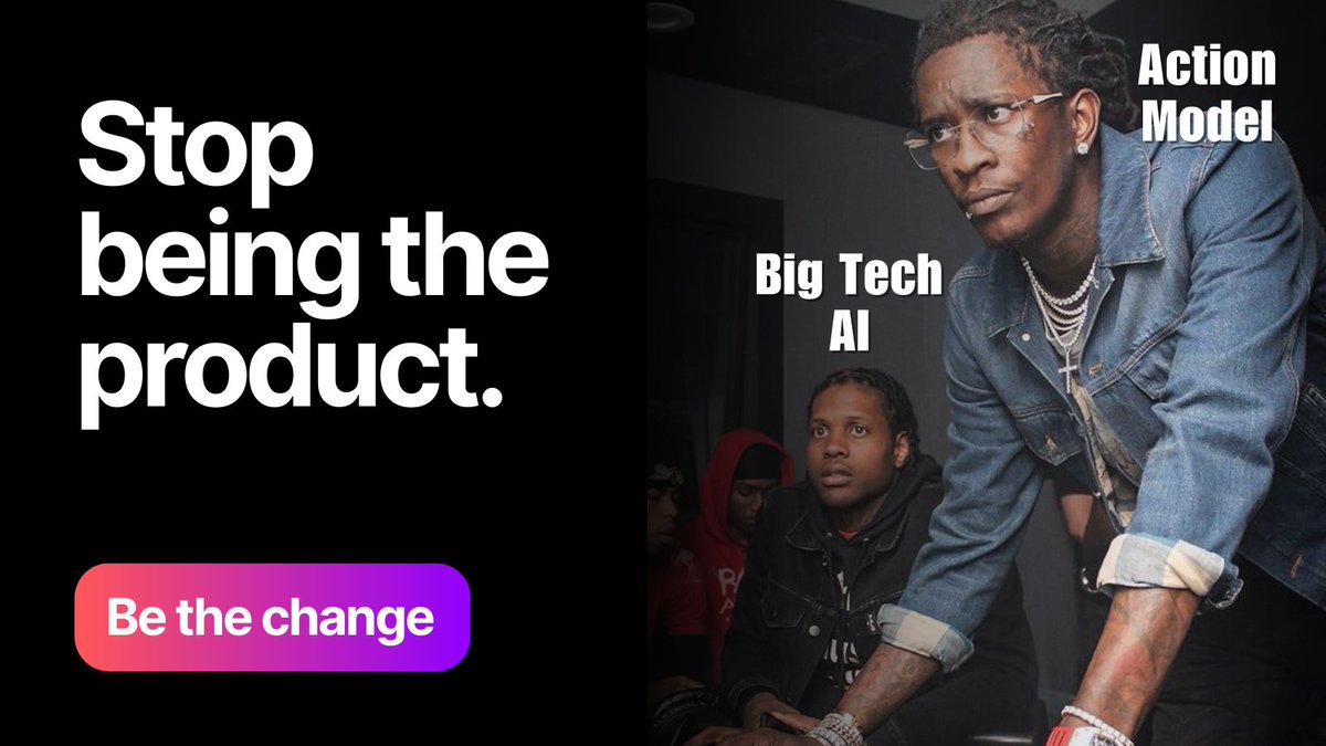 ActionModelAI's tweet photo. 300,000+ people have already stopped training Big Tech for free.

Now their everyday clicks build AI they own.

Own what you help build.