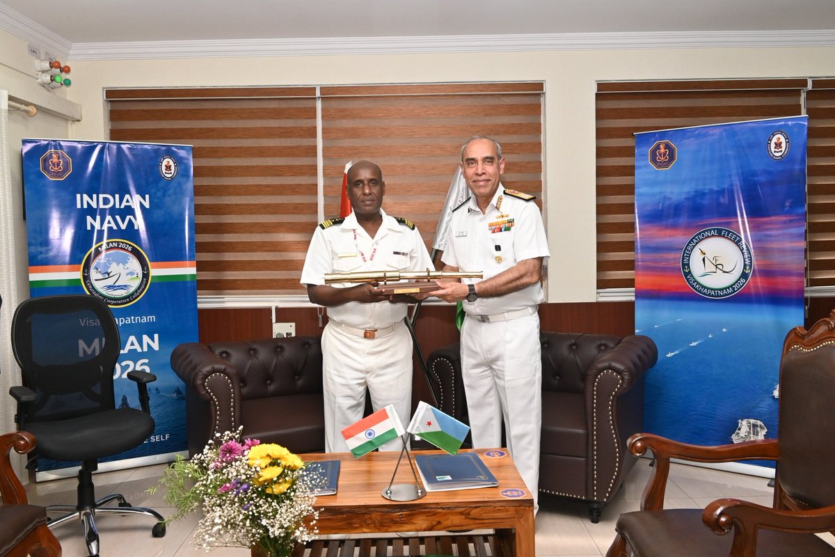 indiannavy's tweet photo. Reflecting the expanding canvas of naval interactions at #Visakhapatnam, VAdm Tarun Sobti, #DCNS, held a bilateral interaction with Lt Col Mahdi Daher Miguil, Deputy Commander of the Djibouti Navy. 

The dialogue explored avenues for cooperation in training, professional exchanges, and maritime engagements, highlighting shared perspectives on capacity development and operational interactions.

#IFR2026_India #MILAN2026 #IndianNavy 
#UnitedThroughOceans

@indiaindjibouti