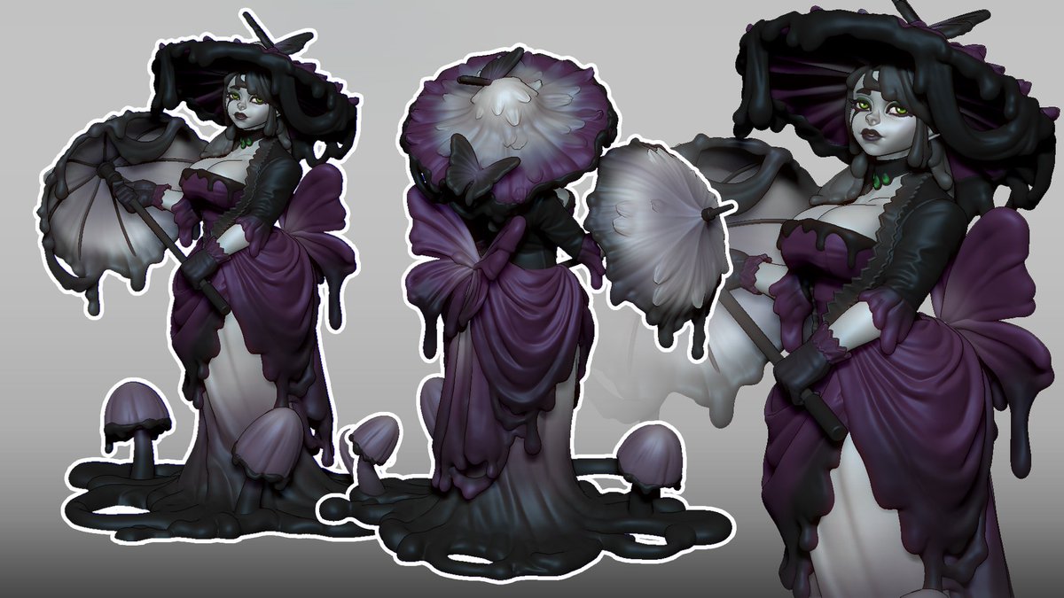 mayatomr's tweet image. For a slime girls themed sculpt challenge, inspired by inky cap mushrooms and victorian dresses. Reposting after some fixes.
