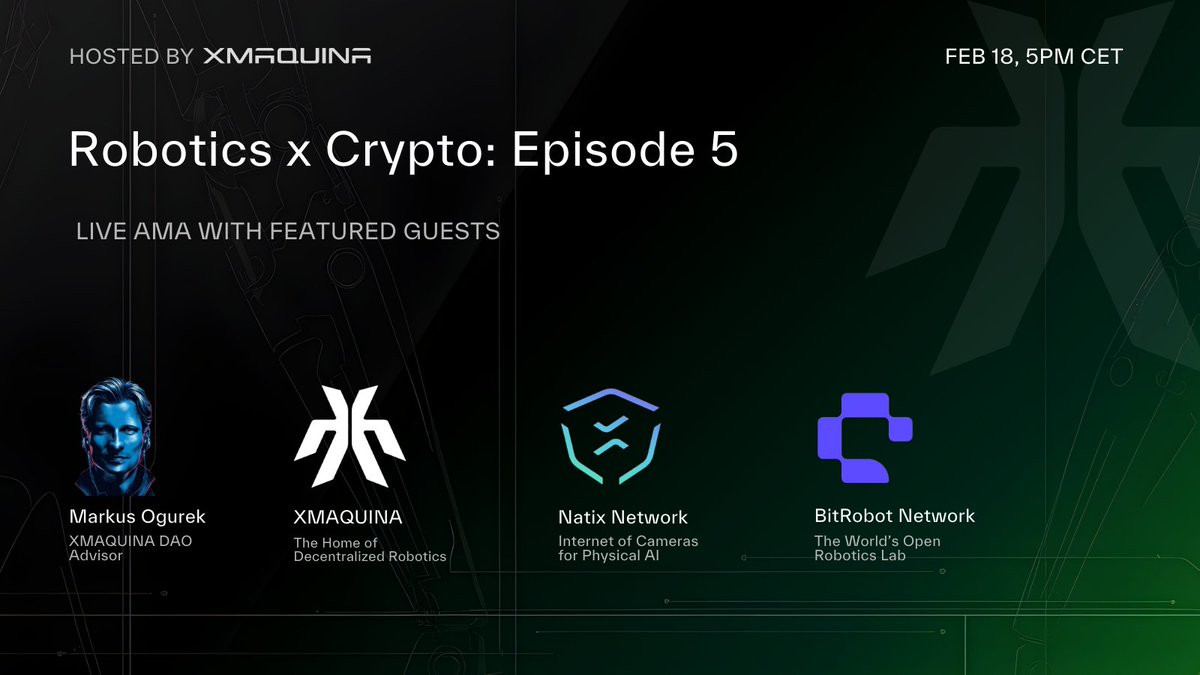 ICYDK: There is an upcoming space from XMAQUINA DAO.

Robotics x Crypto – Ep 5
‘The Agent Economy Goes Physical’

OpenClaw today.
Autonomous machines tomorrow.

🗓️ Wed Feb 18 | 5PM CET
🎙️ <a href="/MarkusOgurek/">Markus Ogurek</a>  • <a href="/NATIXNetwork/">NATIX Network</a> • <a href="/BitRobotNetwork/">BitRobot Network</a> 

Dont forget to set your reminder.