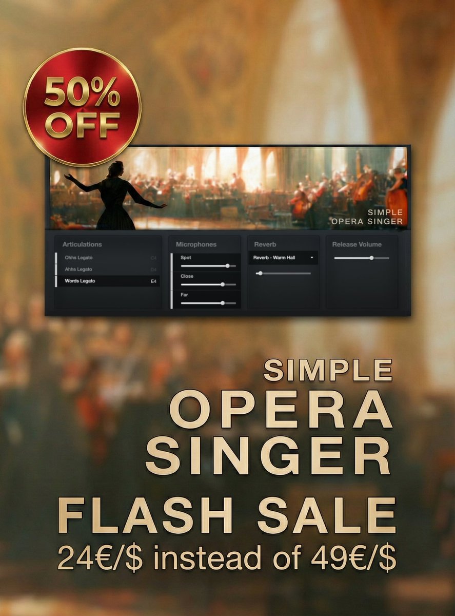 Simple Opera Singer is now available at half price!
Smooth true legato and three microphone positions for perfect mixing. Check it out fluffyaudio.com/shop/simple-op…

#fluffyaudio #samplelibrary #NIkontakt #musicproduction #composerlife #vstplugins #flashsale #sounddesign #filmscoring
