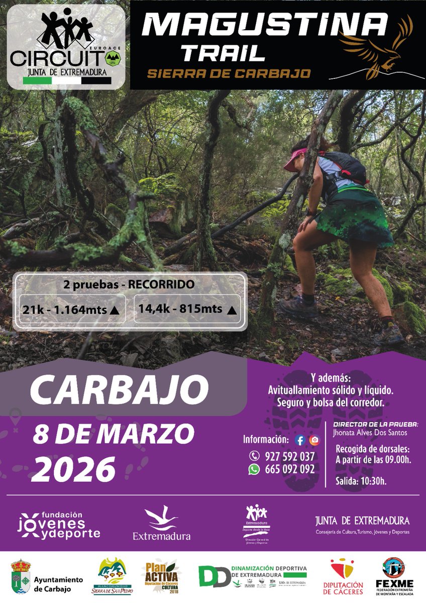 ¡Atención, amantes del trail! 🏞️
🔜Nueva edición de la MAGUSTINATRAIL 🏃‍♂️✨
🗓 Fecha: 8 de marzo de 2026
📍 Ubicación: Carbajo
📏 Recorridos:
21 km. 1,164 mts +
14.4 km. 815 mts +
🔥 ¿List@ para desafiar tus límites?🚀💪
➕️ info:
📞 927592037
📱 665092092
#DINAMIZACIONDEPORTIVA