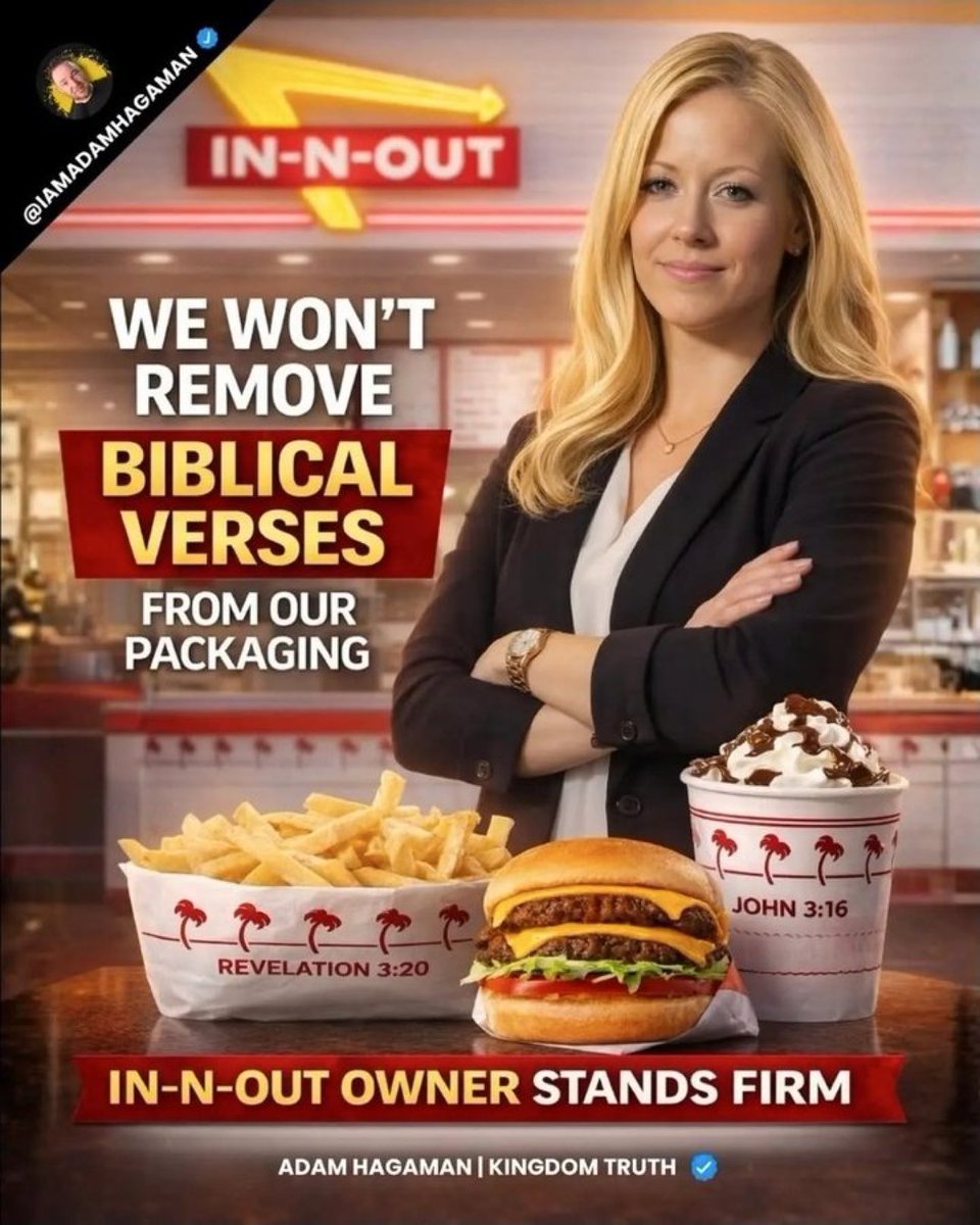 IN-N-OUT STANDS FIRM!

While corporations fold under pressure by scrubbing anything that offends the leftists, In-N-Out stands firm and refuses to remove Bible verses John 3:16 and Revelation 3:20 from their packaging.

The Christian company says that the biblical verses will