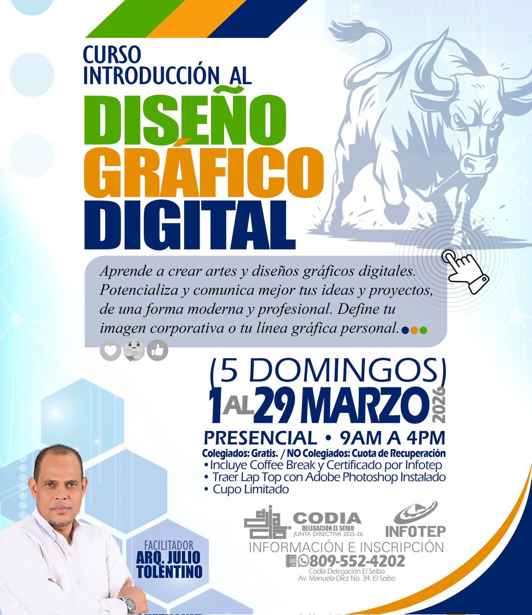 SenatorialSeibo's tweet photo. 📍 CURSO: INTRODUCCIÓN AL DISEÑO GRÁFICO 

🗓 Domingos de Marzo (9 AM - 4 PM) 

🏢 CODIA El Seibo (Av. Manuela Diez #34) 🎓 Certificado por INFOTEP.

💻 Requisito: Laptop con Photoshop.

¡INSCRIPCIONES ABIERTAS! 

👉 WhatsApp: 809-552-4202 https://t.co/QdXMN8lMpI