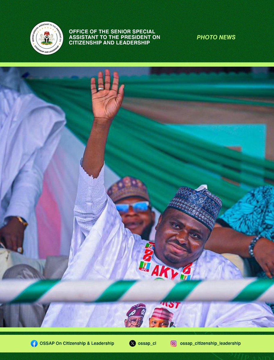 OSSAP_CL's tweet photo. Yesterday, the Senior Special Assistant to the President on Citizenship & Leadership, Hon. Nasir Bala Aminu Ja’oji, who also serves as the Kano State Director of the City Boy Movement, had the distinguished honour of joining the Vice President of the Federal Republic of Nigeria, H.E. Sen.Kashim Shettima, GCON, alongside the National Chairman of the All Progressives Congress, Prof. Nentawe Yilwatda, APC Governors from various states, distinguished Senators, Members of the House of Assembly, party leaders, key stakeholders, and other eminent dignitaries at the formal reception of His Excellency, Engr. Abba Kabir Yusuf, Executive Governor of Kano State, into the All Progressives Congress (APC).

He was joined by thousands of his supporters from Tarauni Local Government Area and beyond, whose massive turnout demonstrated strong grassroots solidarity and unwavering commitment to the progressive ideals of the party.

The historic reception underscores a renewed wave of unity, collaboration, and strengthened political alignment aimed at fostering sustainable development, stability, and inclusive governance in Kano State and across Nigeria.