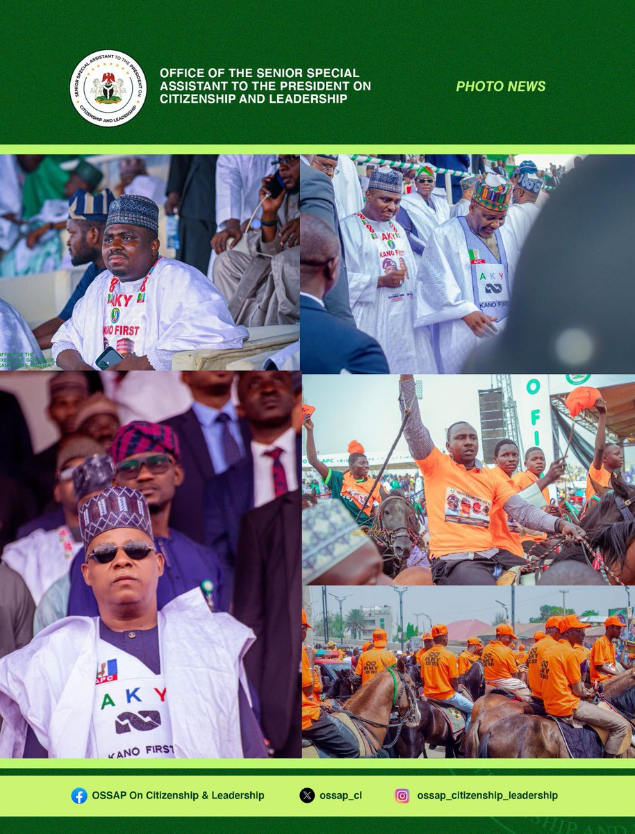OSSAP_CL's tweet photo. Yesterday, the Senior Special Assistant to the President on Citizenship & Leadership, Hon. Nasir Bala Aminu Ja’oji, who also serves as the Kano State Director of the City Boy Movement, had the distinguished honour of joining the Vice President of the Federal Republic of Nigeria, H.E. Sen.Kashim Shettima, GCON, alongside the National Chairman of the All Progressives Congress, Prof. Nentawe Yilwatda, APC Governors from various states, distinguished Senators, Members of the House of Assembly, party leaders, key stakeholders, and other eminent dignitaries at the formal reception of His Excellency, Engr. Abba Kabir Yusuf, Executive Governor of Kano State, into the All Progressives Congress (APC).

He was joined by thousands of his supporters from Tarauni Local Government Area and beyond, whose massive turnout demonstrated strong grassroots solidarity and unwavering commitment to the progressive ideals of the party.

The historic reception underscores a renewed wave of unity, collaboration, and strengthened political alignment aimed at fostering sustainable development, stability, and inclusive governance in Kano State and across Nigeria.
