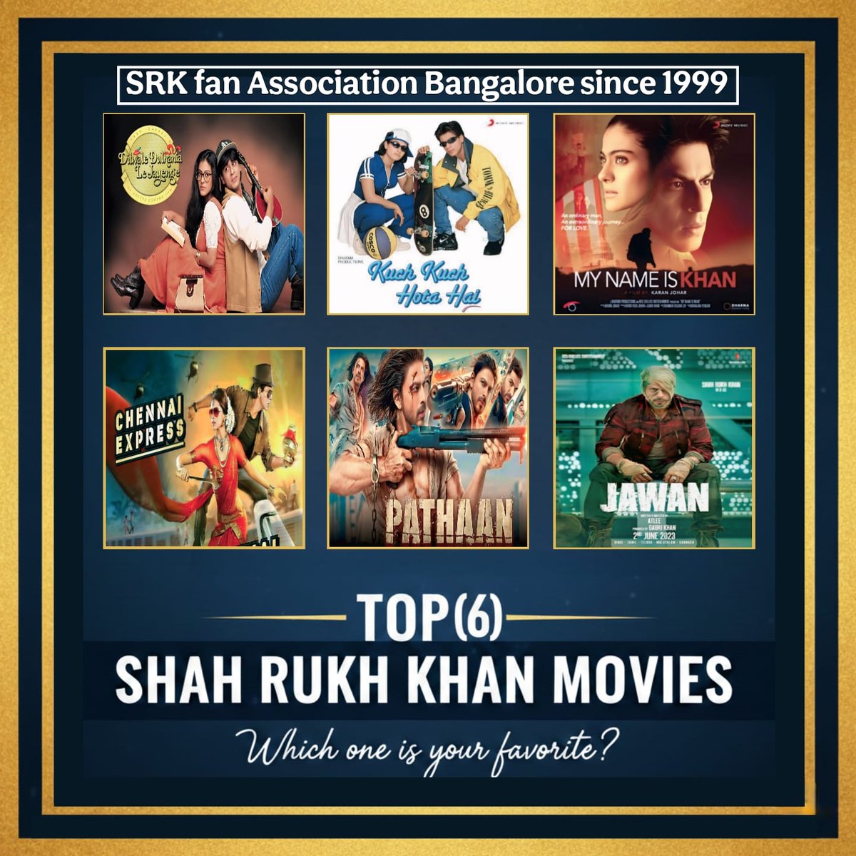 Srk_bangalore's tweet photo. From romance to action, from Raj to Rizwan to Pathaan… one man, countless eras. 👑🔥

Our Top 6 Shah Rukh Khan films celebrate pure passion, power, and performance.

Which one owns your heart forever? ❤️✨

@iamsrk

 #ShahRukhKhan #SRK #KingKhan https://t.co/IW3YOgU0IQ