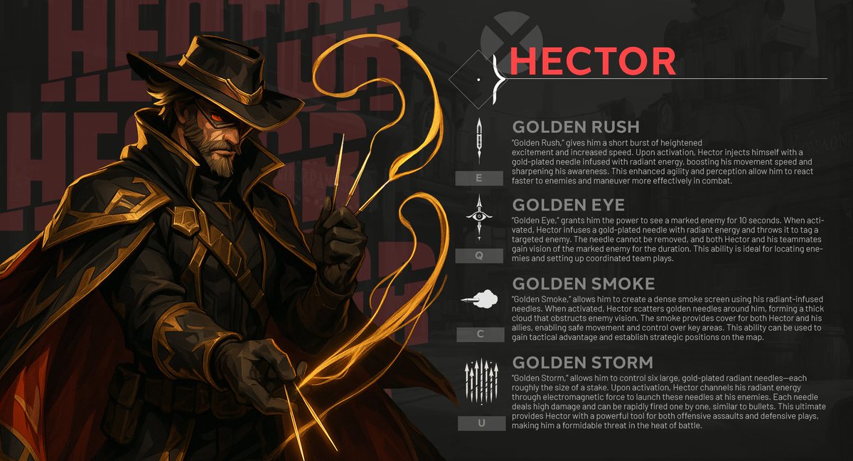 Vulphyn's tweet photo. New Duelist unlocked? Just kidding. 😄

Here is #Hector. I designed a full kit and backstory for him based on gold and needles.

Swipe to see his abilities. Does he look too OP?

#Valorant #FanConcept #CharacterDesign #ConceptArt https://t.co/alqfVJwtZY