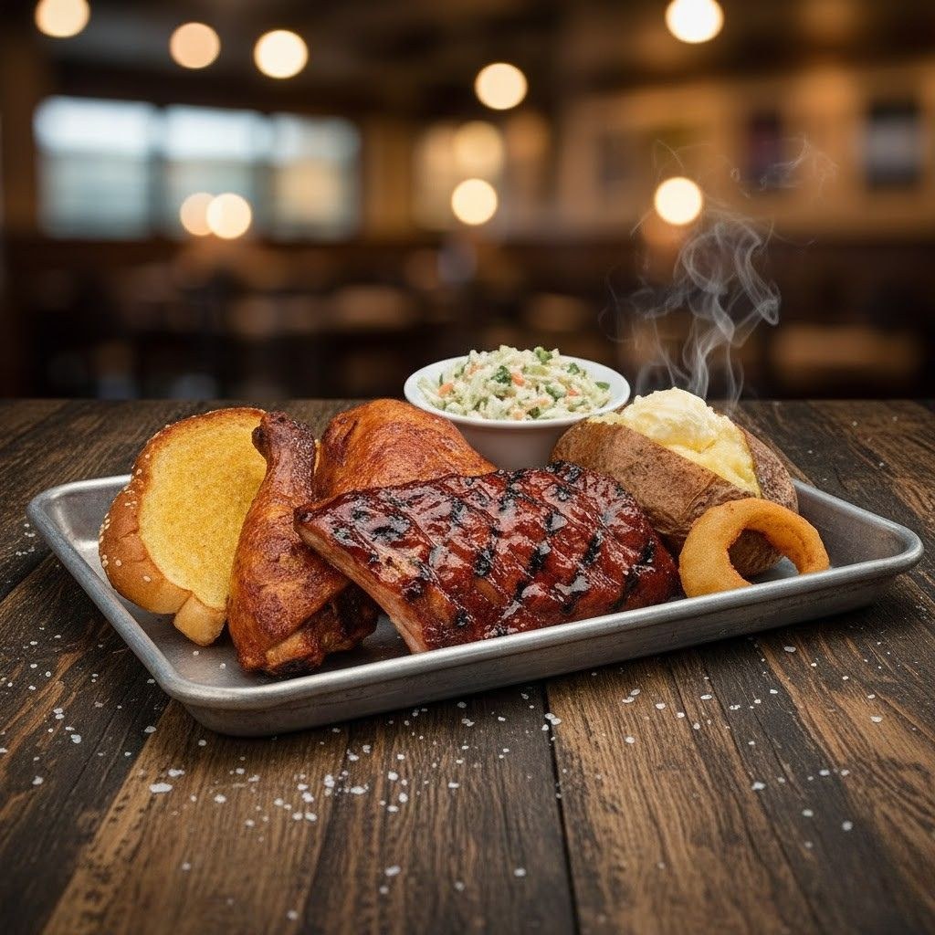 On this #TastyTuesday, we're shining the spotlight on our Baby Back Ribs and BBQ Chicken Combo! It's a meal that's TWICE as nice, and it's served with your choice of two sides! To view the rest of our menu, visit woodys.com/menu/ for more mealtime inspiration!