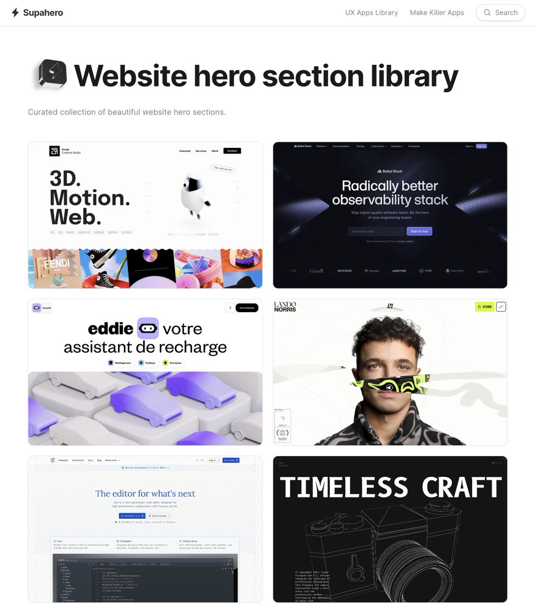 Best resources and tools for designers 👇

- Website hero sections → supahero.io
- Website footer inspirations → footer.design
- Navbars → navbar.gallery
- CTA sections → CTA.gallery
- Website widgets → supaframe.io
- AI