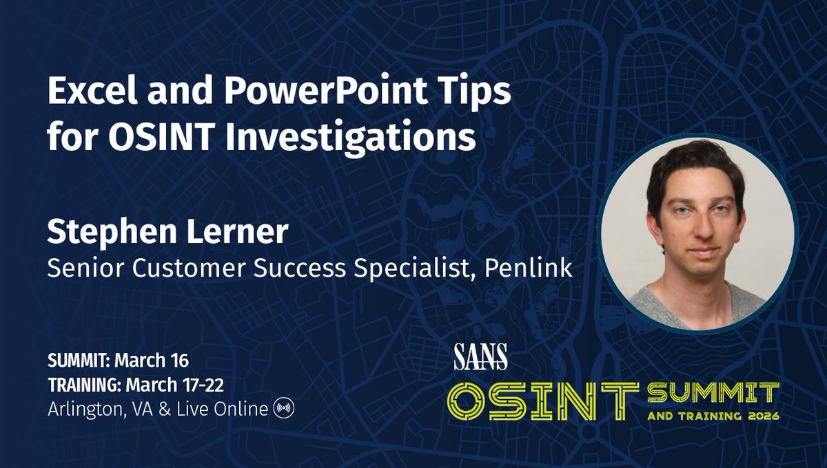 sansforensics's tweet photo. Join us at SANS #OSINTSummit when Stephen Lerner shows how to use Excel & PowerPoint to enhance #OSINT investigations.
Learn to clean social media data, find cross-platform overlaps, and present findings clearly β using tools you already have.
π https://t.co/S2J33J6EOb https://t.co/WDbyteRadt