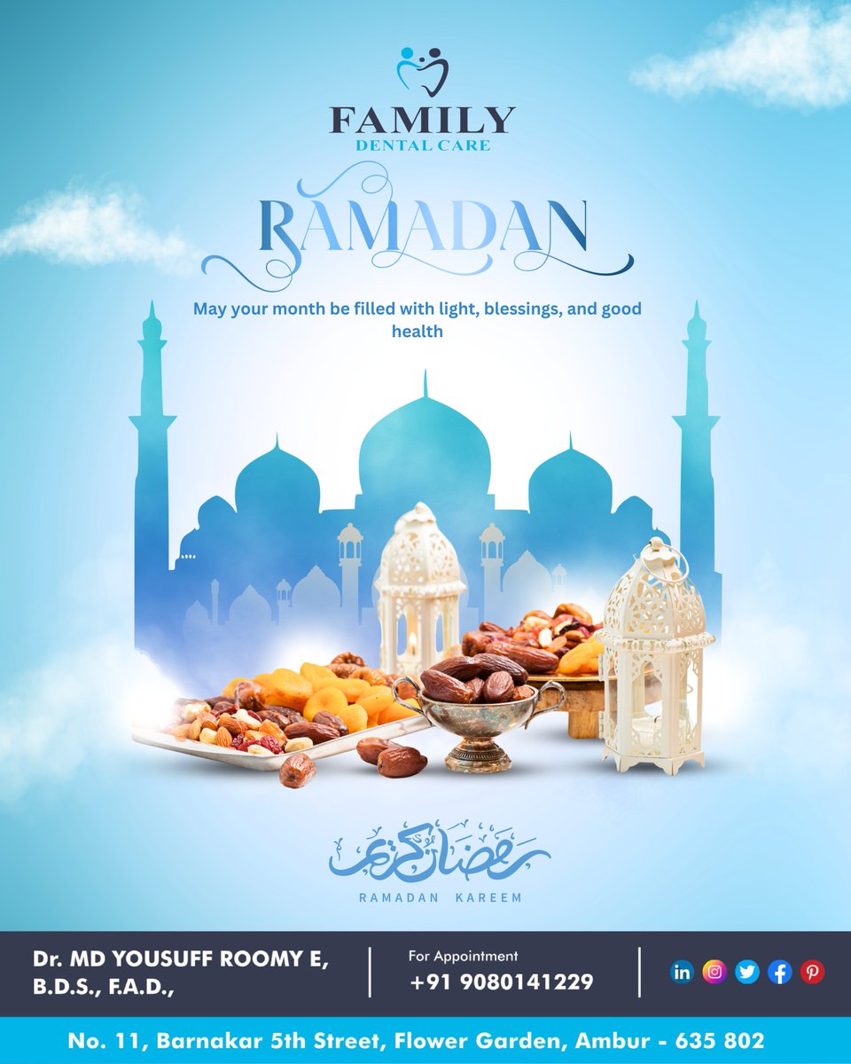 FDC_India's tweet photo. As you fast and reflect this holy month,
may your days be filled with patience, light, and strength.
Family Dental Care wishes you a blessed and healthy Ramadan.
📞 +91 9080141229
📍 No. 11, Barnakar 5th Street, Flower Garden, Ambur – 635 802 https://t.co/9AhXx1ZsZv