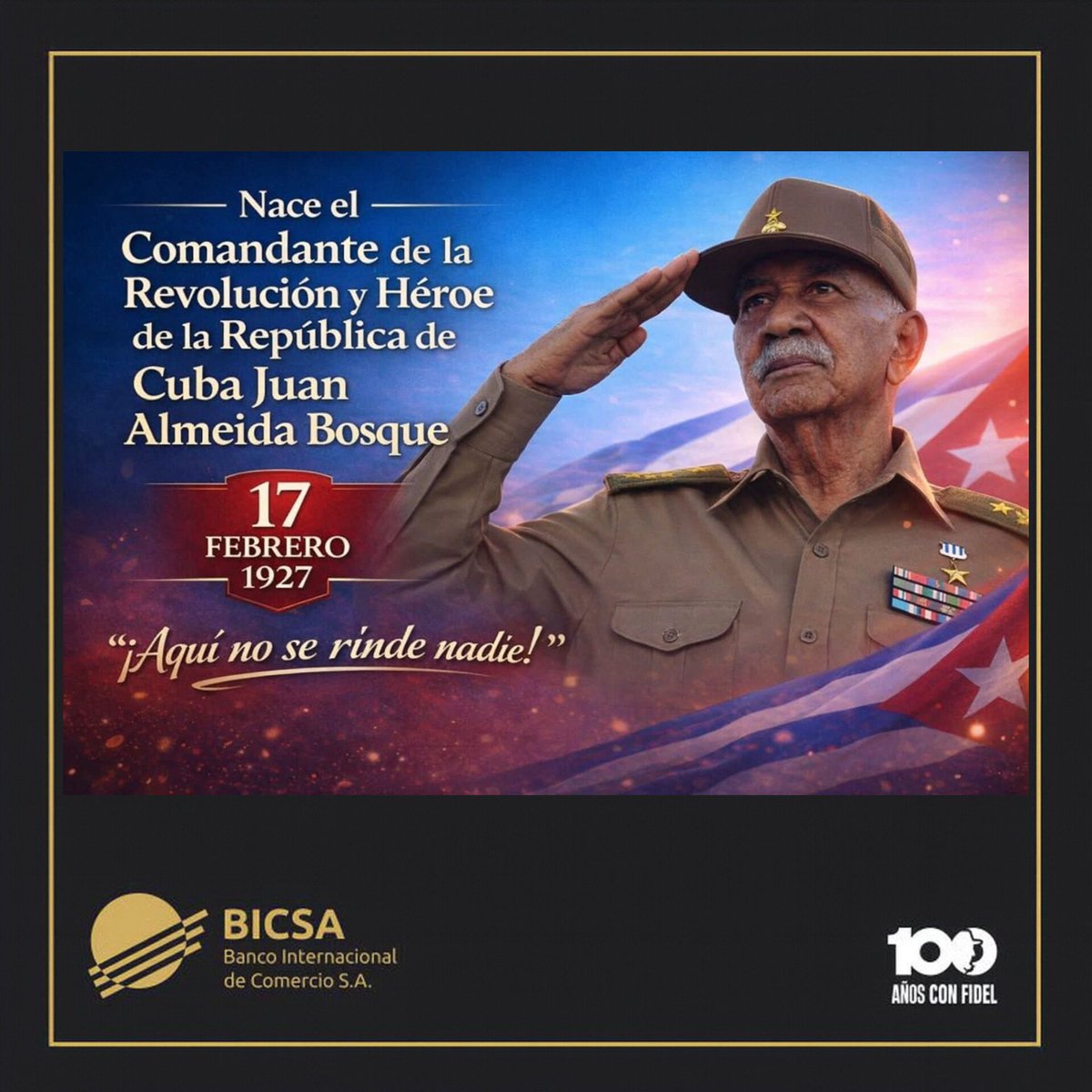 🎂 Hoy recordamos al Comandante y artista Juan Almeida Bosque.  
Gracias por tu legado, tu música y tu ejemplo. En 2027 celebraremos tu centenario. 🇨🇺💪Cuando la tarea parezca difícil, pensemos en Almeida y en su grito inmortal:  
“¡Aquí no se rinde nadie!”  
 #CubaEstáFirme