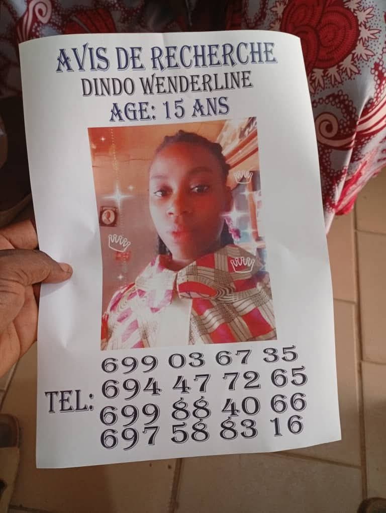 INFO DE RECHERCHE 🙏🏾

A la recherche de ma fille disparue. 
Sortie de la maison hier matin pour le collège Bambis au quartier Ahala barrière, elle n'est plus jamais retournée à la maison. 

LARGE DIFFUSION SVP 🙏🏾

Ceci est un message de mon Bro réalisateur François Sylvin Alima