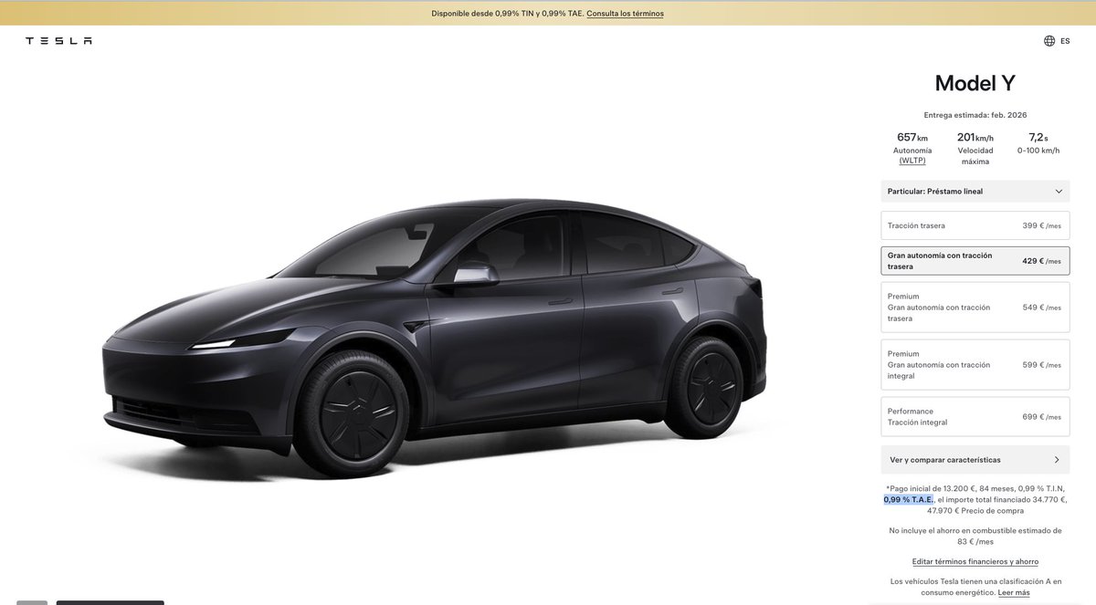 mmrdeveloper's tweet photo. 🔴 Para los que estéis pensando en comprar un Tesla Model Y tenéis la versión "estándar" de Gran Autonomía (LR) y Propulsión (RWD) a un 0,99% TAE disponible en el configurador en España

👇👇 https://t.co/LCRdpFOKwv