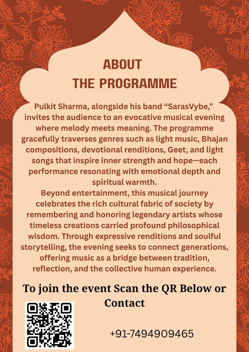 Come and celebrate the rich cultural heritage of the historic city of Rewari and get lost in the mystical vibes of “Echoes of Eternity and light melodies transport you to another realm.

Organiser : Ahirwal Heritage Team.

#ahirwal #heritage #musicalevening #raopuransinghbagh
