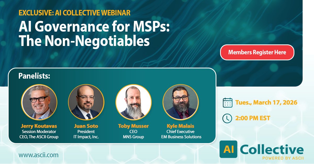 asciigroup's tweet image. AI moves fast, but your policies shouldn't lag. Join the ASCII AI Collective for a practical MSP-only panel on AI Governance: The Non-Negotiables. 

🗓 Mar 17 | 2PM EST
🔐 Members: Register in your Benefits Portal.

Not a member? Apply: ascii.com/membership

#MSPs #AI